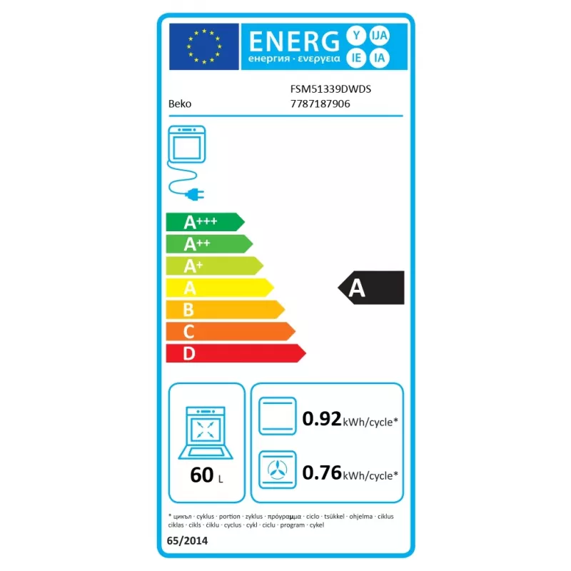 Dujinė kaitlentė ir elektrinė orkaitė BEKO FSM51339DWDS 50 cm, balta, energinio naudingumo klasė A