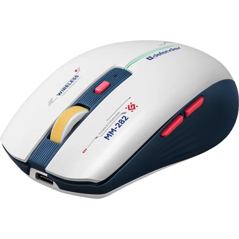 Belaidė žaidimų pelė DEFENDER MM-282 RF — abiem rankoms tinkama, optinė 1800 DPI, 5 mygtukai, USB, maitinama baterijomis