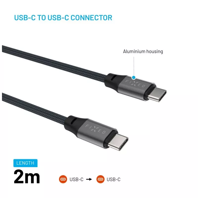 Magnetinis pinamas USB-C–USB-C laidas FIXED FIXDBM-CC2-GR, USB 2.0, pinamas apvalkalas, fiksuotas ilgis, pilkas