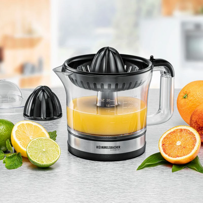 Rommelsbacher citrusų presas, 30 vatų galia, 600 ml talpa, sukimas pagal ir prieš laikrodžio rodyklę, du presavimo kūgiai (ZP 50)