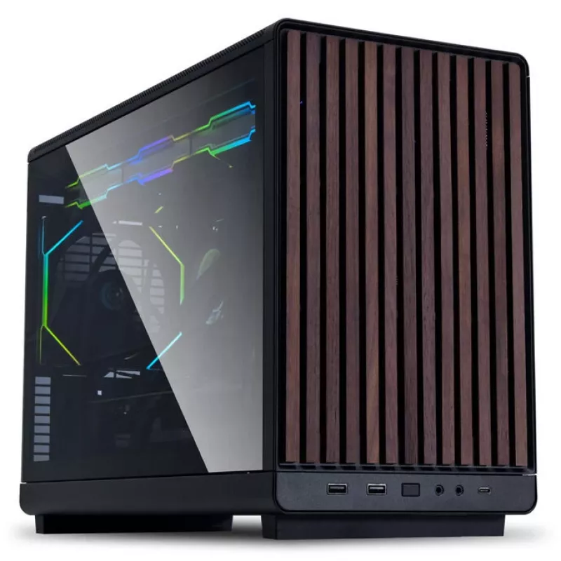 Mini-ITX/mATX PC korpusas Lian Li A3-mATX Wood Edition — riešutmedžio priekinis skydelis, juodas korpusas