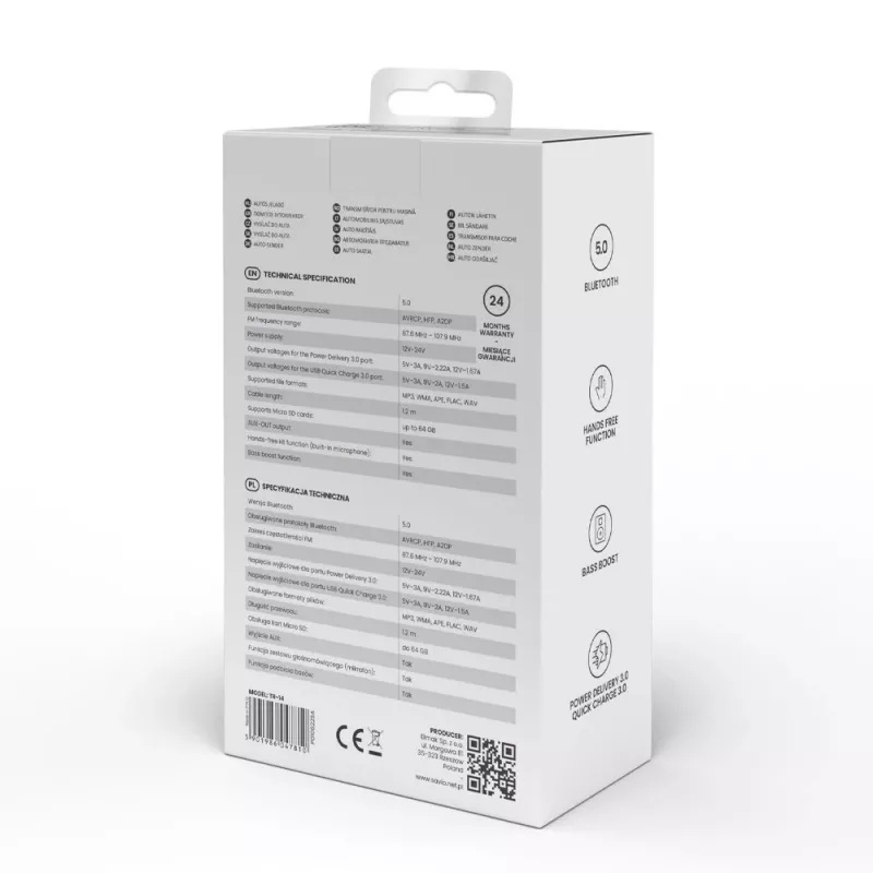 FM siųstuvas SAVIO TR-14 Bluetooth USB, FM 87,6–107,9 MHz, MicroSD, USB-C, 12 V automobilio maitinimas