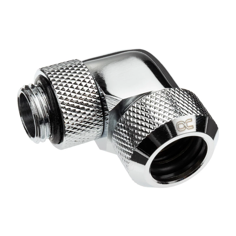 Alphacool Eiszapfen 13 mm HardTube įsukama jungtis 90° pasukama G1/4 - kampinė užspaudžiamoji jungtis skysčio aušinimo sistemai - chromuota