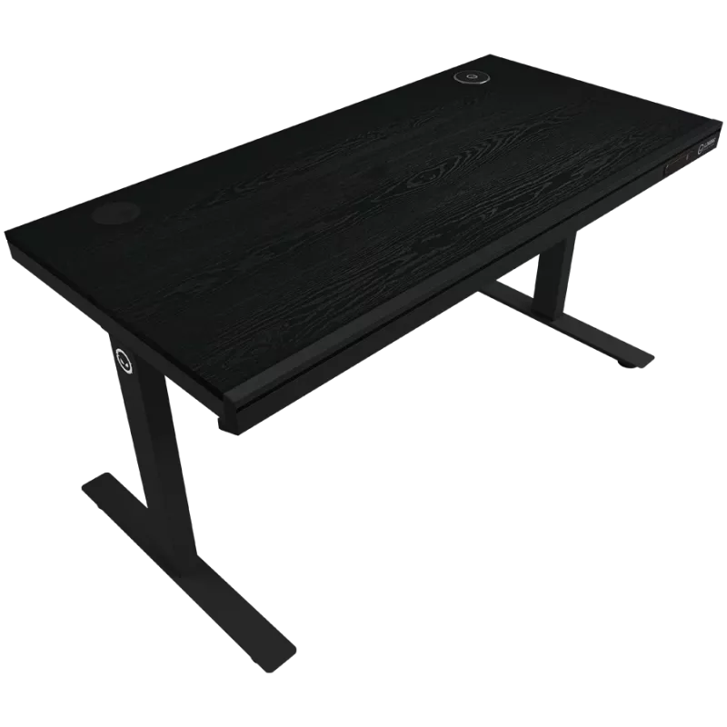 Dviejų variklių reguliuojamo aukščio žaidimų stalas su belaidžiu įkrovikliu, RGB apšvietimu, valdymo skydeliu ir USB prievadais, PB melamino paviršiaus stalviršis, juodas.