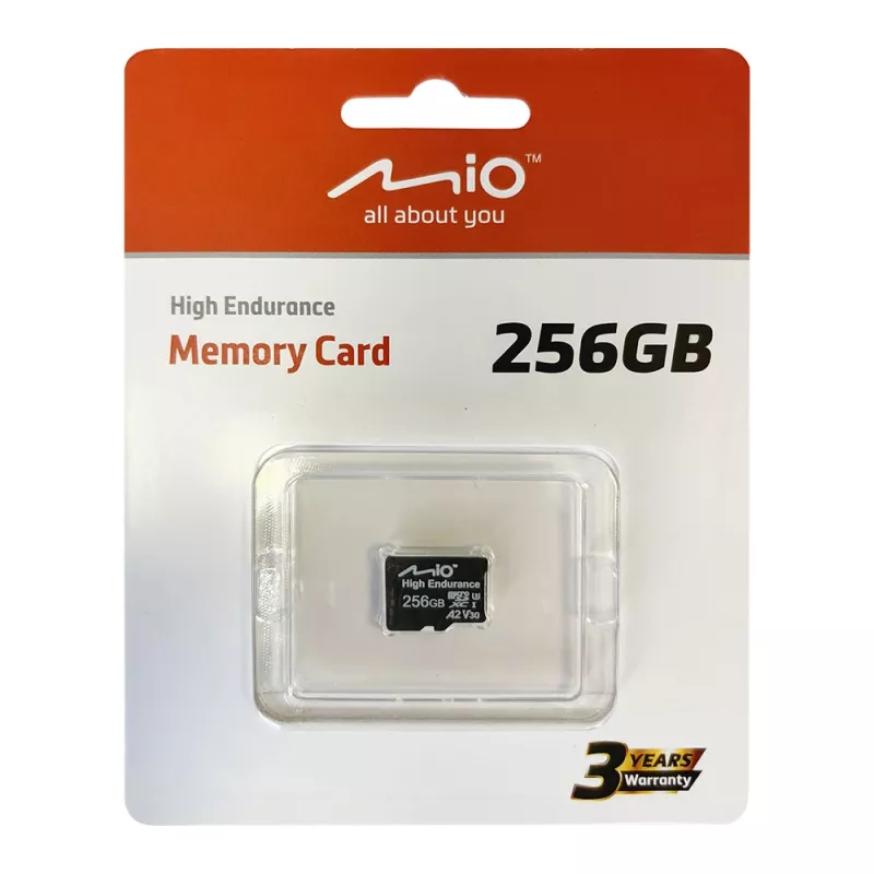 MicroSDXC atminties kortelė MIO High Endurance 256 GB UHS‑I, skirta nuolatiniam įrašymui ir naudojimui lauke