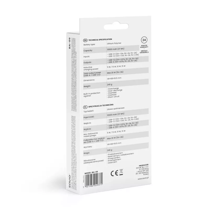 Savio BA-09 belaidis išorinis akumuliatorius, 10000 mAh, juodas