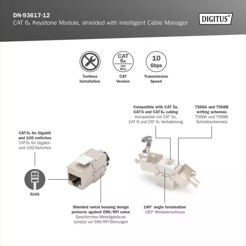 Keystone modulis DIGITUS CAT 6A ekranuotas su išmaniuoju kabelių tvarkikliu, plokščias RJ-45, 14,5×34,5×21 mm — 12 vnt.