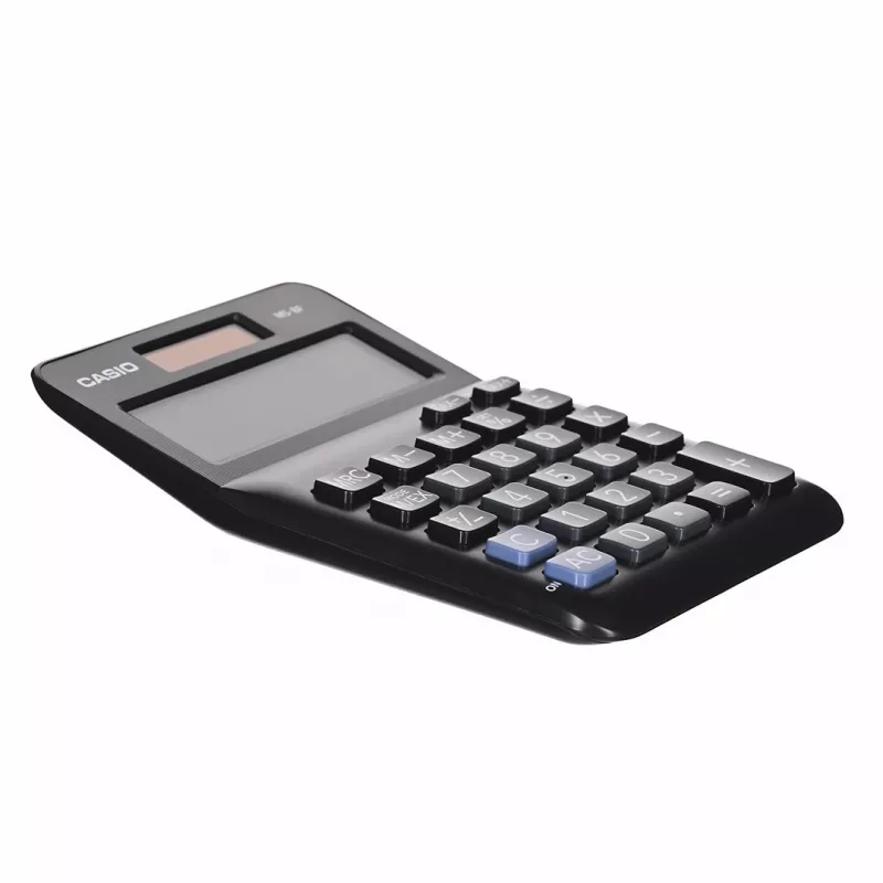 Stalinis pagrindinis skaičiuotuvas CASIO MS-8F – 8 skaitmenų, baterija/saulės energija, 26 klavišai, valiutos ir mokesčių funkcijos, pelno skaičiavimas, juodas