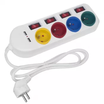 Maitinimo lizdas MACLEAN MCE229W — 4 lizdai, 2× USB, 1.5 m laidas, F tipas, 10 A, balta