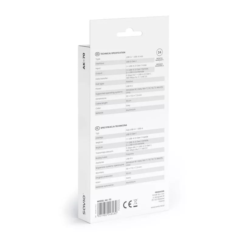 USB šakotuvas SAVIO AK-70, 7 prievadų USB 3.0, 4 naudojami prievadai, USB Type-A pagrindinis, 5 Gbit/s perdavimas, garantija 2 metai