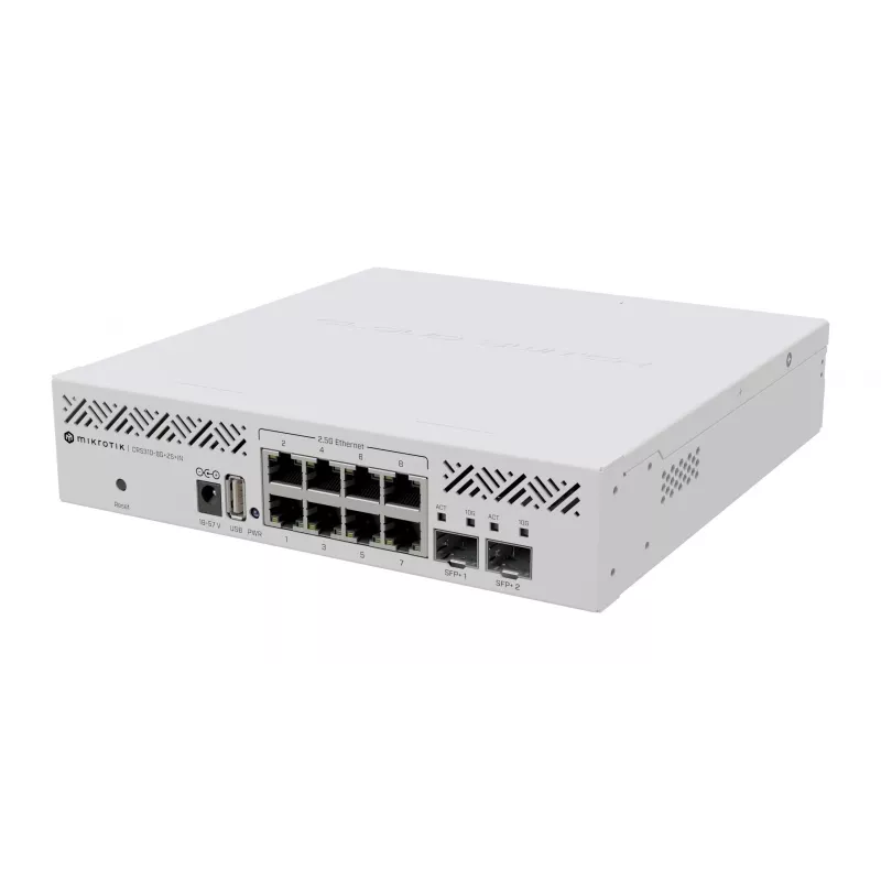 Valdomas L3 komutatorius MikroTik CRS310-8G+2S+IN — 8× 2.5G RJ-45, 2× SFP+, PoE, 1U rack-mount, Baltas