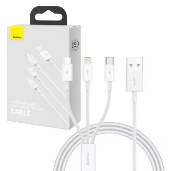 USB laidas Baseus SUP0003529 — USB 3.2 Gen 1 (3.1 Gen 1), 1 m, USB-A į USB-C / Micro USB-A / Lightning, Baltas