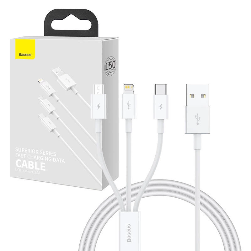 USB laidas Baseus SUP0003529 — USB 3.2 Gen 1 (3.1 Gen 1), 1 m, USB-A į USB-C / Micro USB-A / Lightning, Baltas