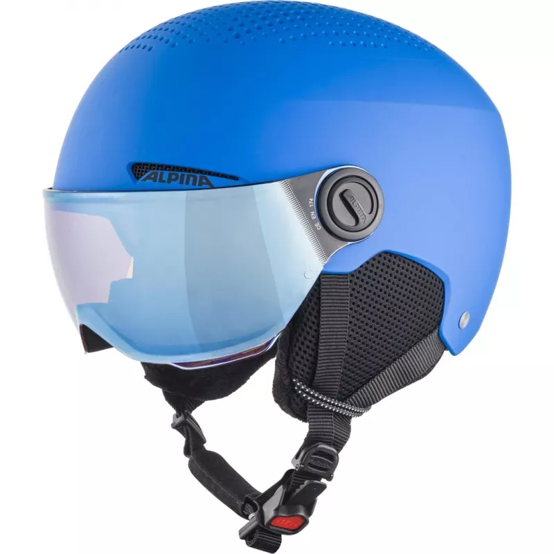 Šalmas ALPINA ZUPO VISOR QLite — vaikiškas slidinėjimo šalmas, kietas kevalas, 54–58 cm, integruotas skydelis, Run System Ergo Snow