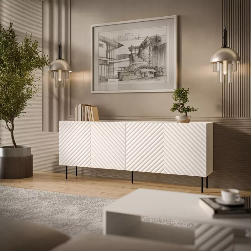 Komoda Cama LUCCA 4D, 200x40x80 cm, balta, medžio drožlių plokštė, 16 mm rėmas