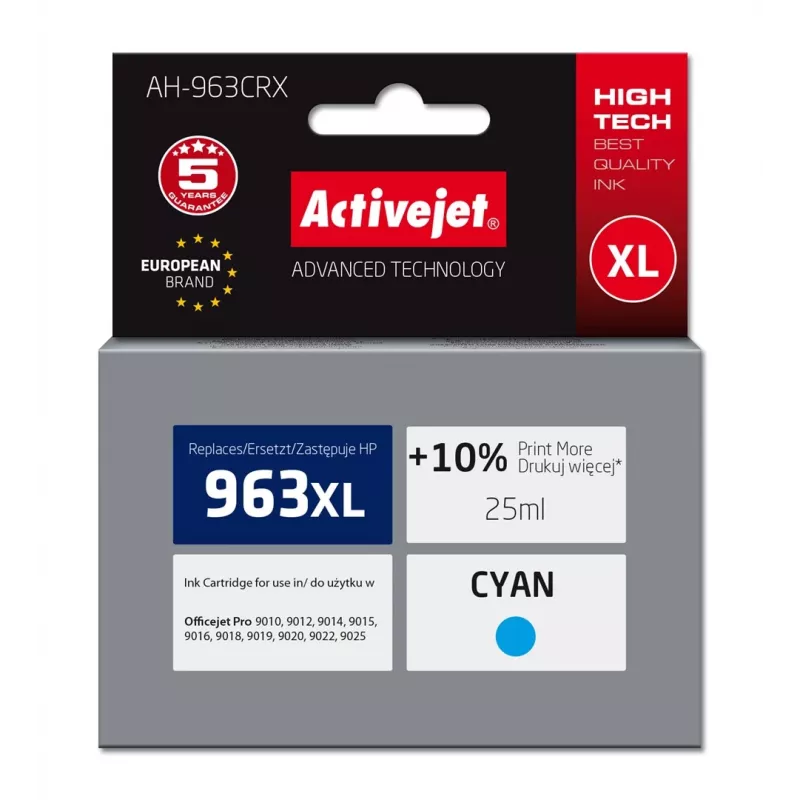 Activejet AH-963CRX rašalas (pakaitalas HP 963XL 3JA27AE; Premium; 1760 puslapiai; 25 ml, žydra)