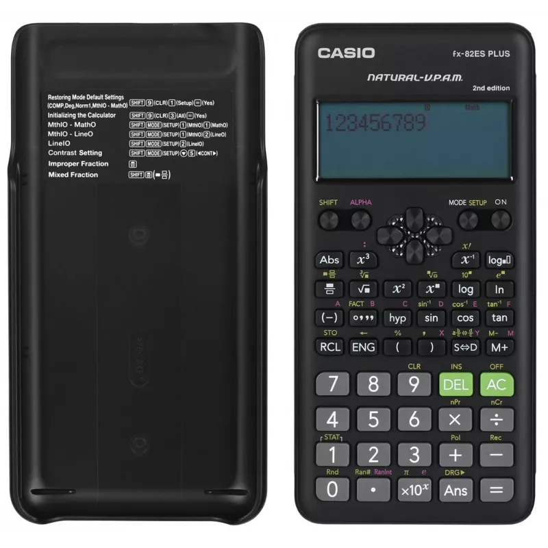 Mokslinis skaičiuotuvas CASIO FX-82ES PLUS-2 Pocket — 252 funkcijos, taškinis 12 skaitmenų ekranas, maitinamas baterijomis (AAA), juodas