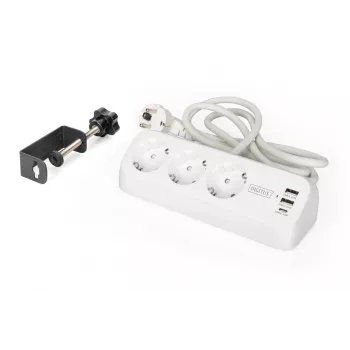 Maitinimo šakotuvas DIGITUS 3 lizdų su 2×USB-A ir 1×USB-C, 3 kintamosios srovės lizdai E/F tipo, 1,5 m laidas, baltas