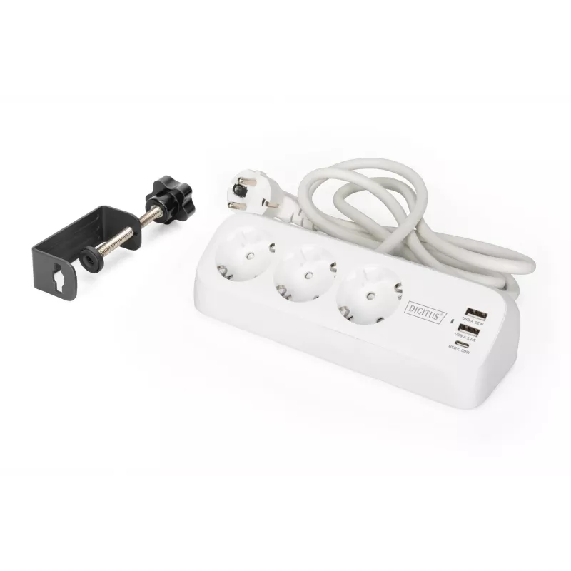 Maitinimo šakotuvas DIGITUS 3 lizdų su 2×USB-A ir 1×USB-C, 3 kintamosios srovės lizdai E/F tipo, 1,5 m laidas, baltas