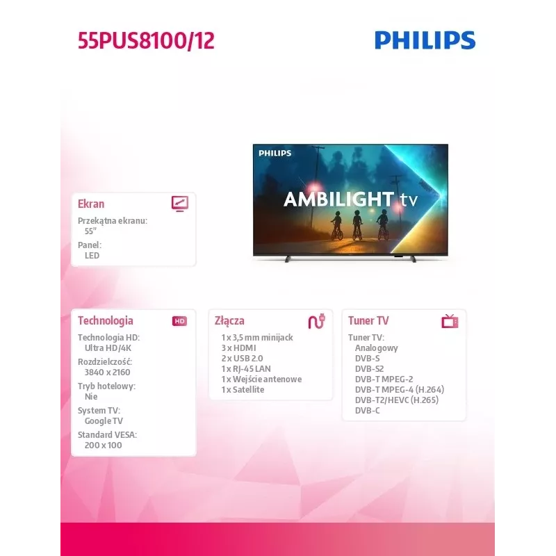 LED televizorius Philips 55PUS8100/12 55 colių, LED skydelis, energijos klasė E