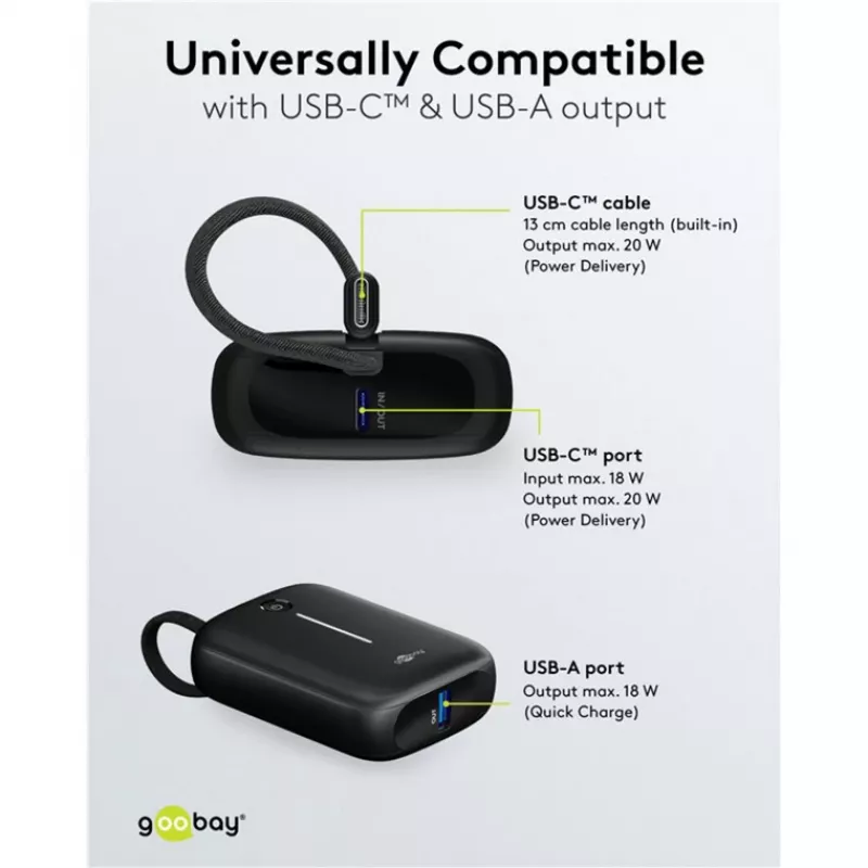 Nešiojama išorinė baterija Goobay 10 000 mAh su integruotu USB-C laidu – 20 W kompaktiška kelioninė (76251)