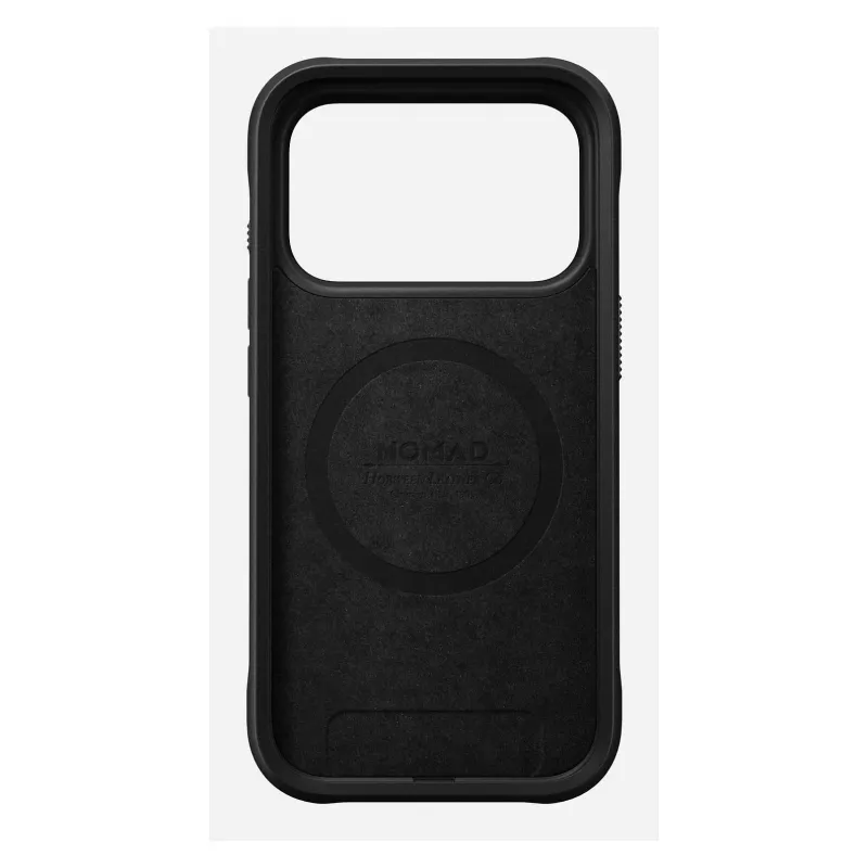 Mobiliojo telefono dėklas Nomad Rugged Leather Case, skirtas Apple iPhone 17 Pro, oda/TPU/PC/aliuminis, tinka 16 cm (6,3 colio) ekranams, juodas