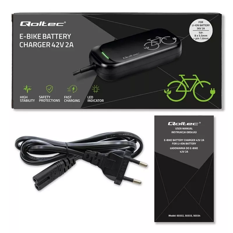 Qoltec greitasis įkroviklis, skirtas XIAOMI 36V elektriniam paspirtukui / dviračiui | 42V | 2A | 8,0*8,0mm + kaištis | atsparus vandeniui + maitinimo laidas