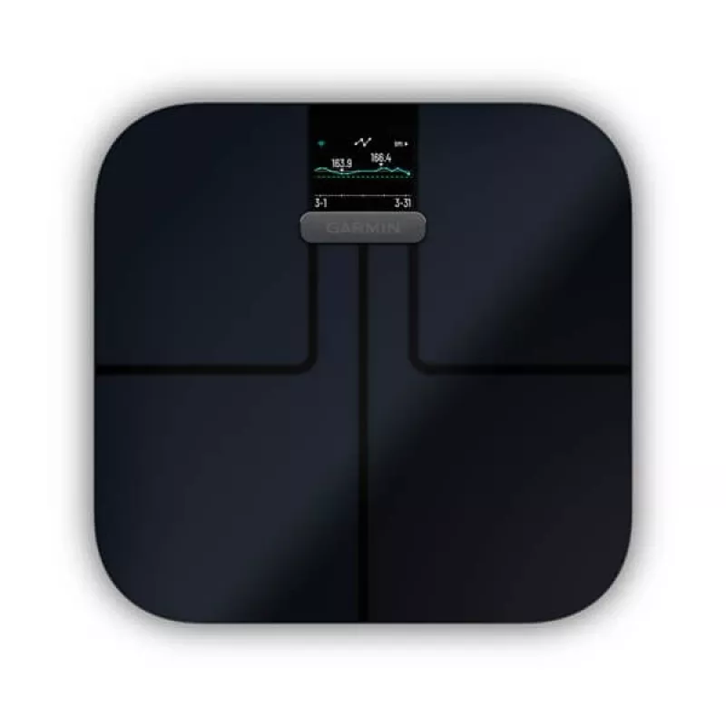 Elektroninės asmeninės svarstyklės GARMIN Index S2 – juodos, maks. 181,4 kg, Wi‑Fi/Bluetooth, kūno sudėties analizė