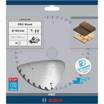Disko pjūklo geležtė Bosch 2 608 837 686 — 165 mm skersmuo, 20 mm anga, medienai, 1 vnt.