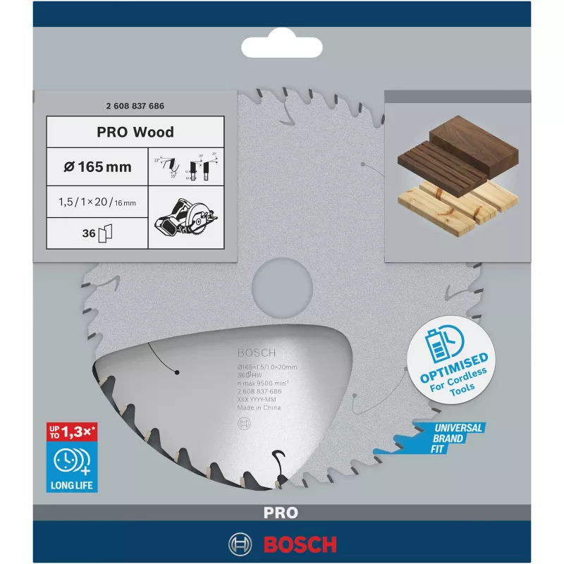 Disko pjūklo geležtė Bosch 2 608 837 686 — 165 mm skersmuo, 20 mm anga, medienai, 1 vnt.