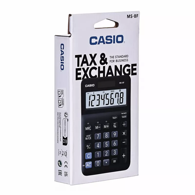 Stalinis pagrindinis skaičiuotuvas CASIO MS-8F – 8 skaitmenų, baterija/saulės energija, 26 klavišai, valiutos ir mokesčių funkcijos, pelno skaičiavimas, juodas