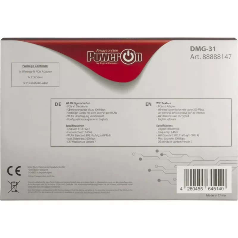 Inter-Tech DMG-31 - Integruotas - Belaidis - PCI Express - Wi-Fi - Wi-Fi 4 (802.11n) - 300 Mbit/s (88888147)