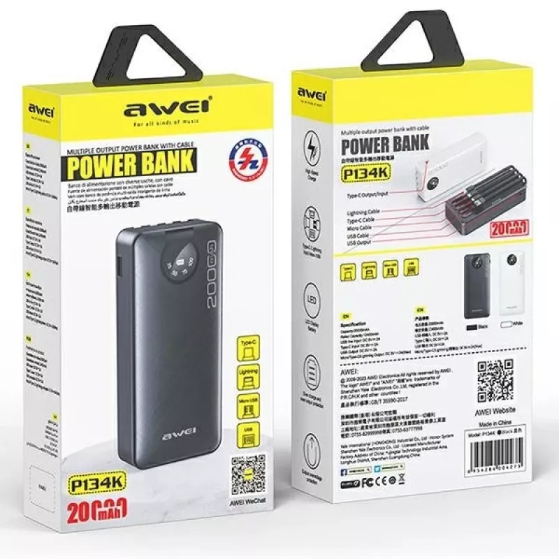Nešiojama išorinė baterija AWEI P134K 20000 mAh