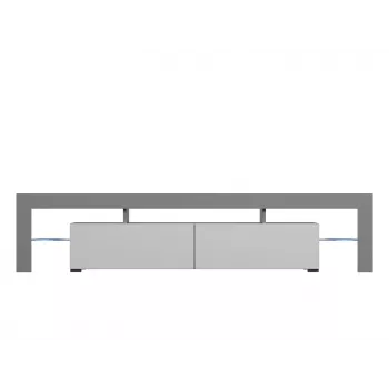 TV staliukas Cama Meble TORO 200 — 2000×350×410 mm, pilka viršutinė plokštė iš medžio drožlių plokštės, pilkas/baltas blizgesys