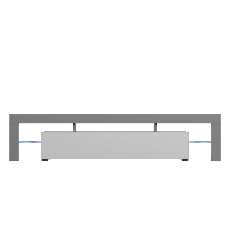 TV staliukas Cama Meble TORO 200 — 2000×350×410 mm, pilka viršutinė plokštė iš medžio drožlių plokštės, pilkas/baltas blizgesys