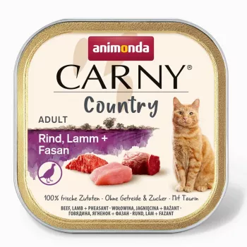 Šlapias kačių maistas animonda Carny Country Jautiena ėriena fazanas 100 g padėklas, suaugusioms katėms, baltymai 10%, riebalai 6%, drėgmė 81%