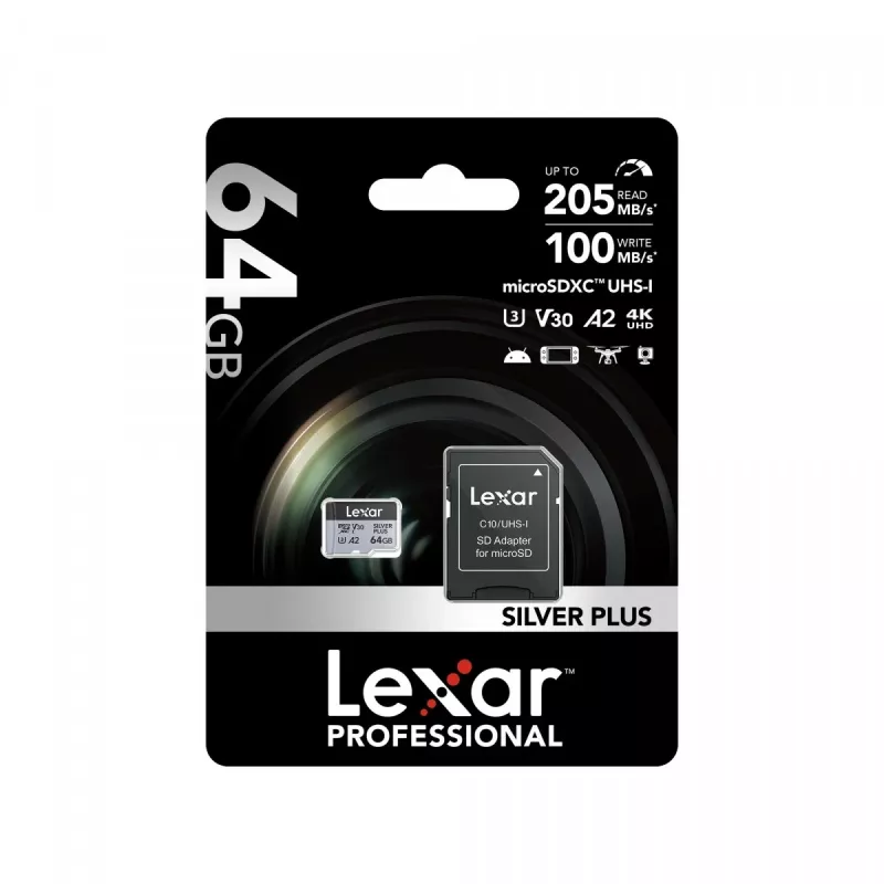 MicroSD kortelė Lexar 64GB UHS-I Class 3 Sidabrinė PLUS