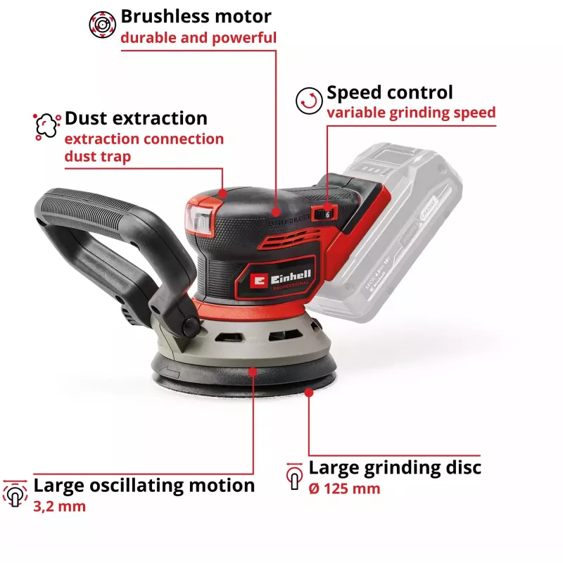 Grindų šlifuoklis EINHELL TP‑RS 18/32 Li BL Solo — 24 000 aps./min, Juoda/Raudona, 1,11 kg