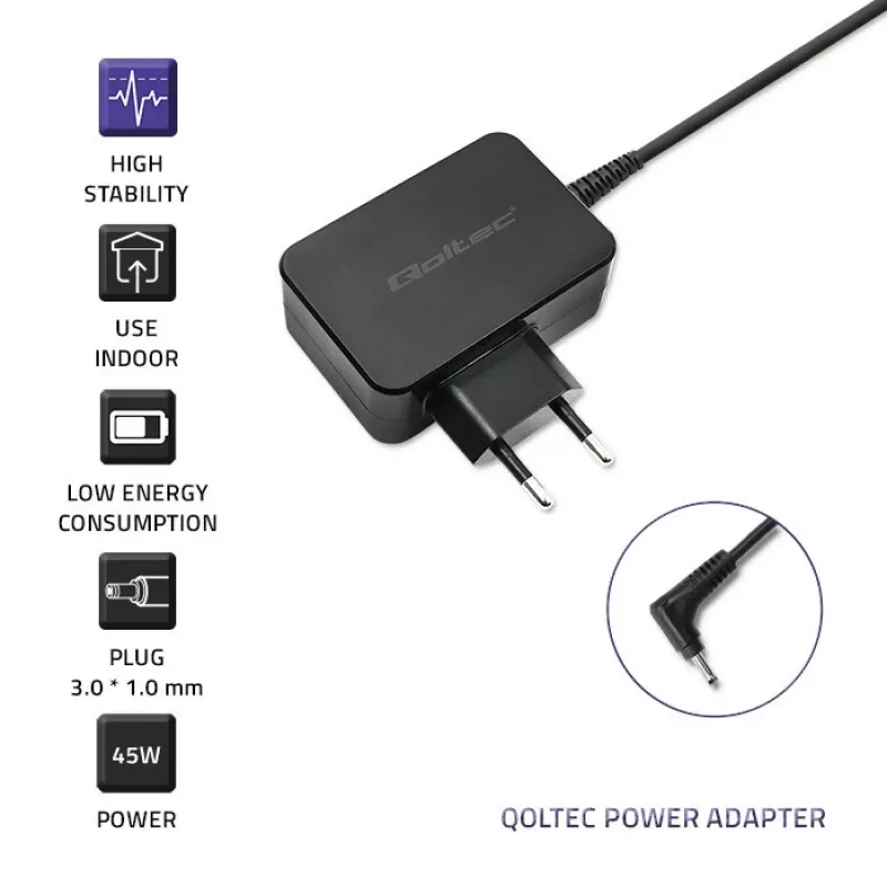 Maitinimo adapteris Qoltec 51032 45W patalpų naudojimui juodas nešiojamiesiems kompiuteriams
