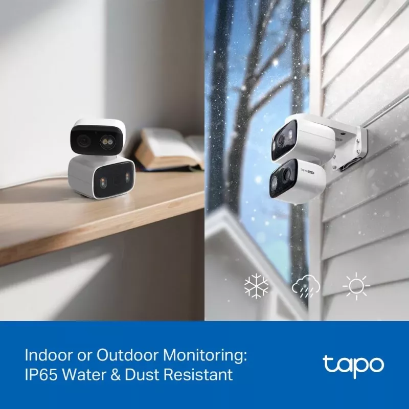 IP apsaugos kamera TP‑LINK Tapo C246D — 3MP (2304×1296), 2,8 mm, 107,8° matymo laukas, PTZ dviejų objektyvų, IP65, Wi‑Fi/Gigabit, microSD iki 512 GB