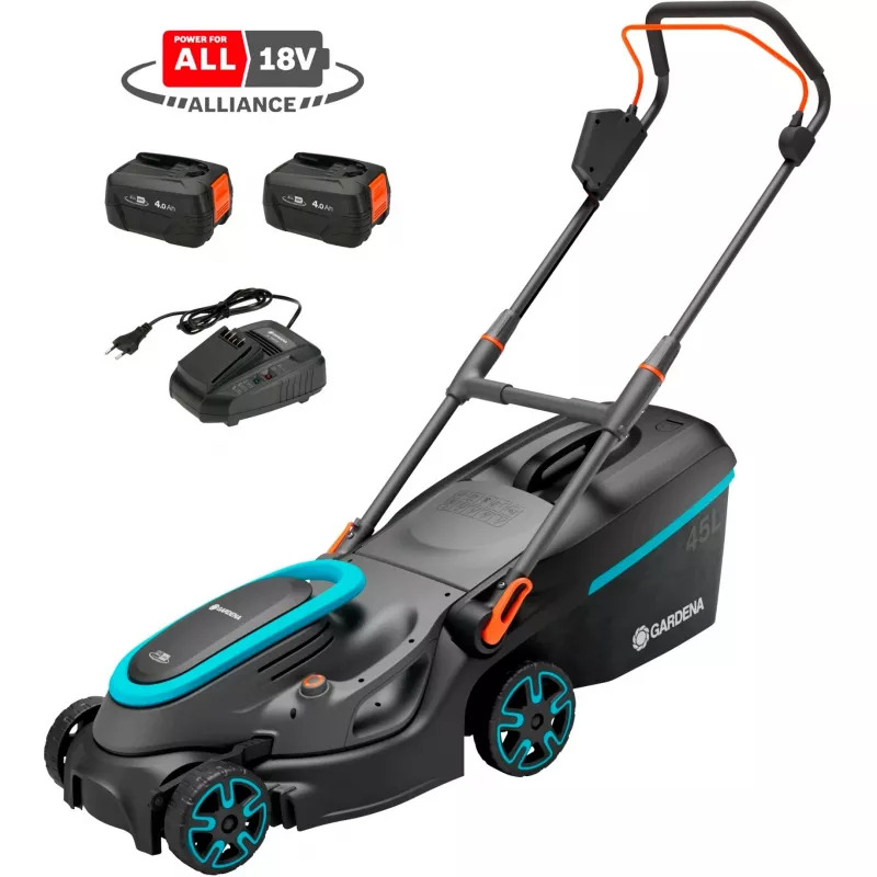 Akumuliatorinė vejapjovė PowerMax 37/36V P4A paruošta naudoti rinkinys, 36 voltų (2x18V) (juoda/pilka, 2x ličio jonų baterija 4,0Ah, POWER FOR ALL ALLIANCE)