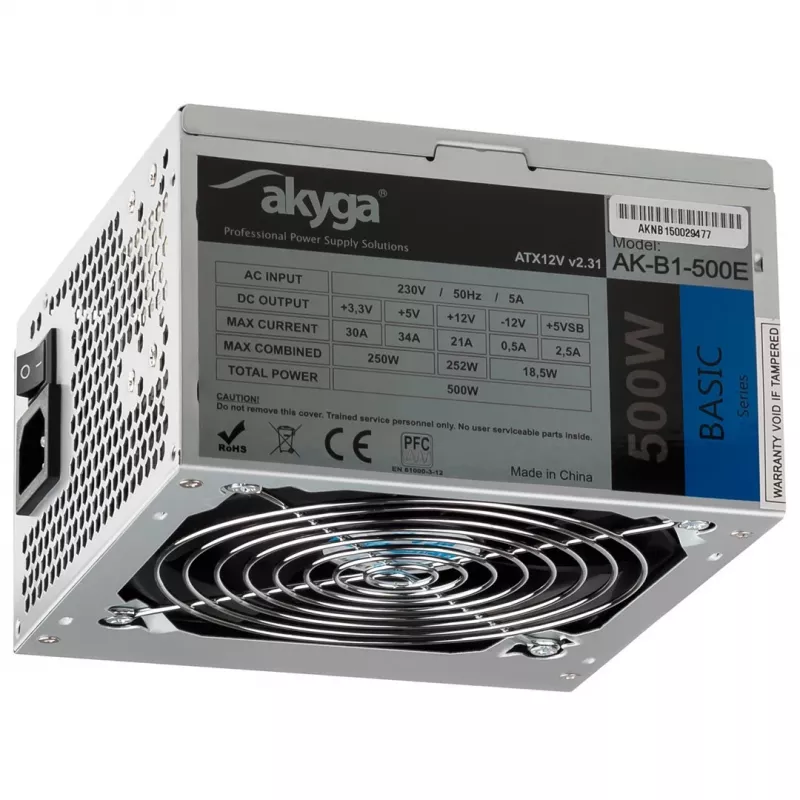 ATX maitinimo blokas Akyga AK-B1-500E 500 W, 120 mm ventiliatorius, 20+4 kontaktų ATX, 3× SATA, pasyvus PFC