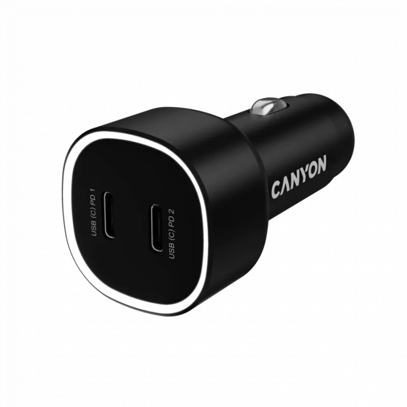 Automobilinis įkroviklis CANYON OnDrive 60 PD 60W 2xUSB-C — 60 W galia, 2 USB-C prievadai, juodas