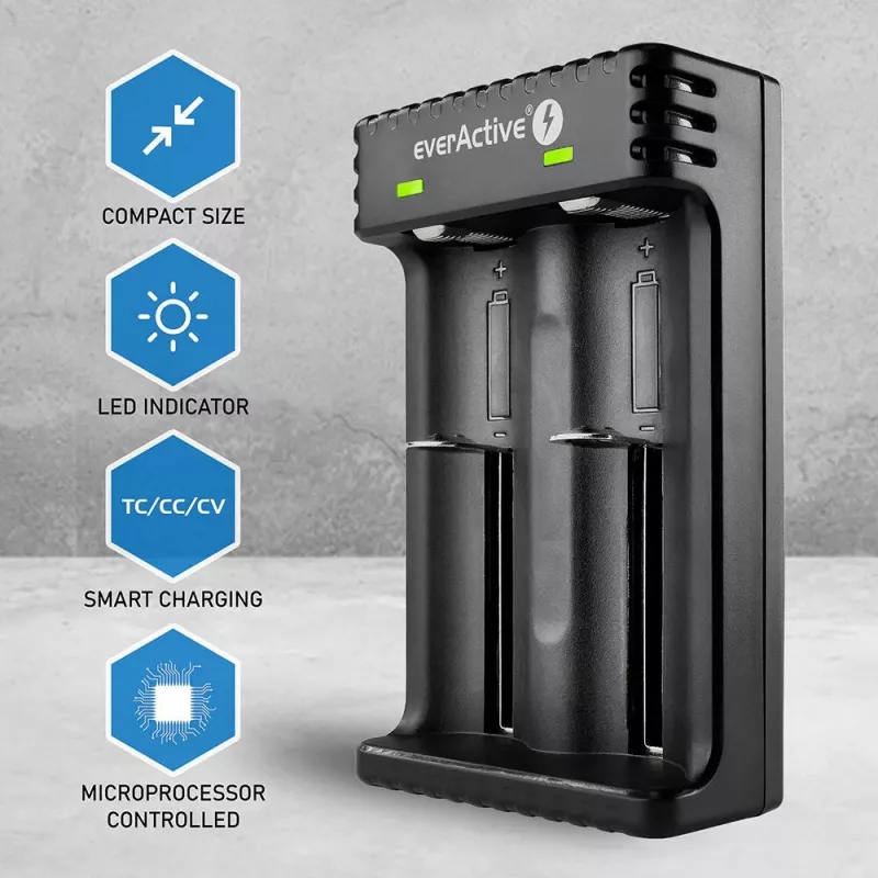 Baterijų įkroviklis everActive LC200 buitinis USB, 2 lizdų, Li-Ion, palaiko A/AA/AAA/AAAA/C/D, 5 V įvestis, 4,2 V išvestis, juodas