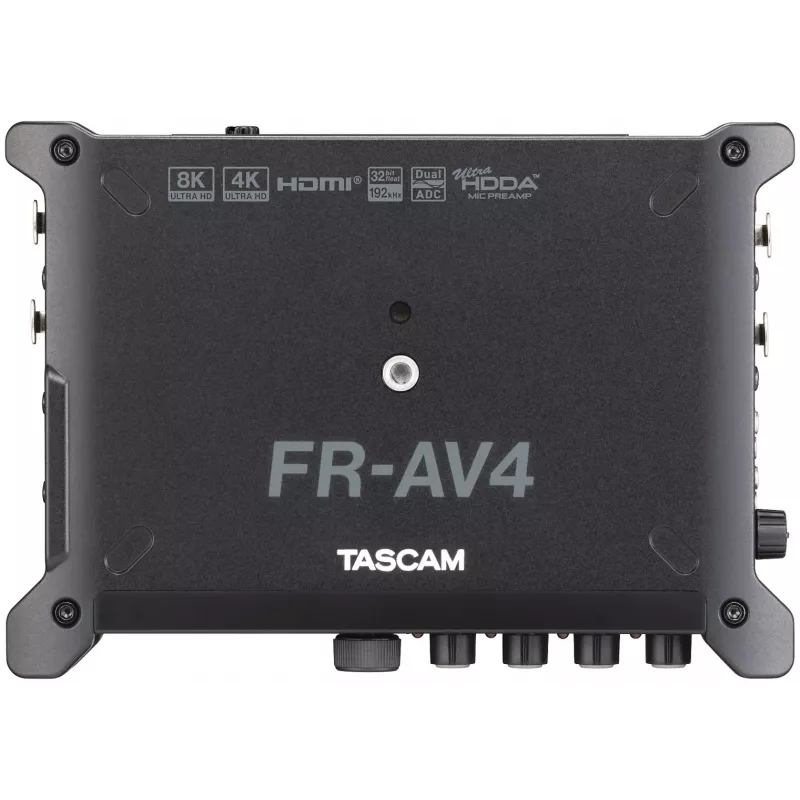 Nešiojamasis garso įrašymo įrenginys Tascam FR-AV4 — 6 kanalų, 4 XLR kombinuotos jungtys + 2x 3,5 mm, 24/32 bitų, 48/96/192 kHz, MicroSD iki 512 GB, USB-C, PD