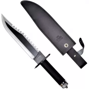 Fiksuotas išgyvenimo peilis cinema classic CC-H2 — 400 mm bendras ilgis, 250 mm plieninė geležtė, lygi ir dantyta, juoda rankena, su odinėmis makštimis