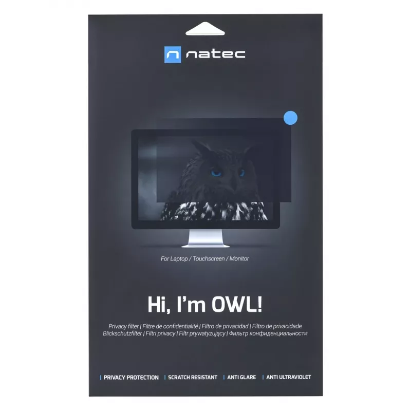 Berėmės ekrano privatumo filtras NATEC Owl 24 colių (61 cm) LCD monitoriui, 531 x 298 mm, 16:9, suderinamas su jutikliniu ekranu