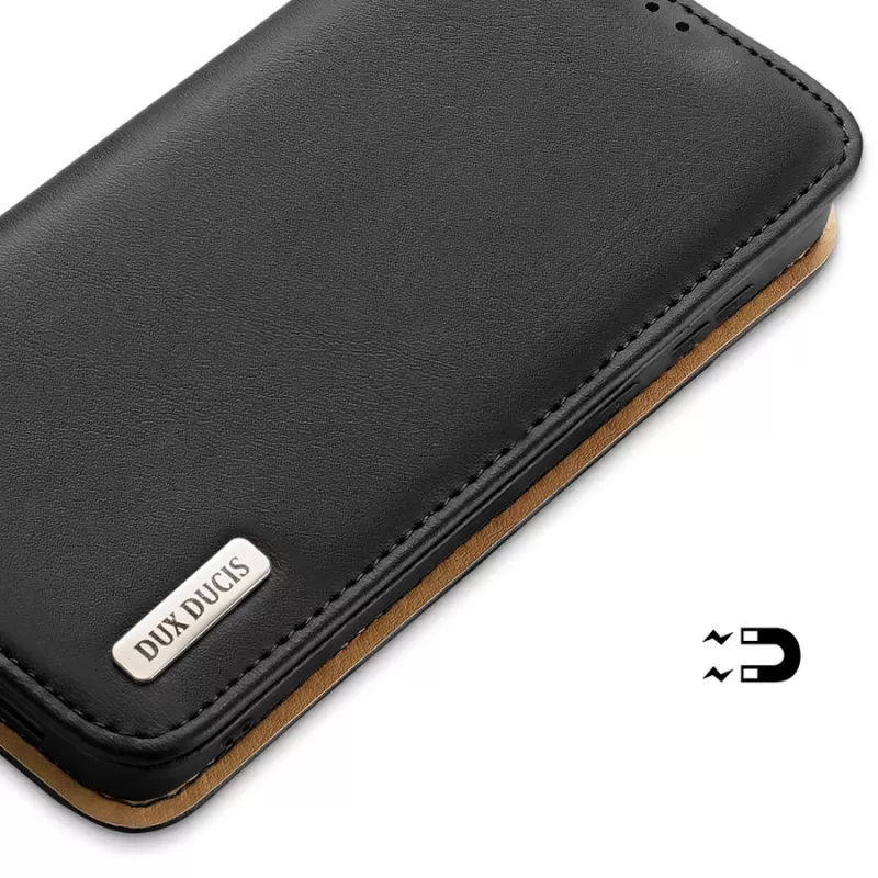 Dux Ducis Dux Ducis Hivo odinis dėklas su atvartu natūralios odos piniginė kortelėms ir dokumentams Samsung Galaxy S22+ (S22 Plus) juoda