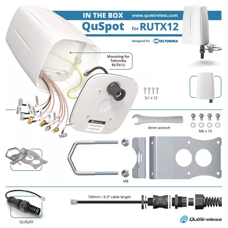 Įvairiakryptė tinklo antena QuWireless QuSpot AX12S PoE/LAN, daugiajuostė 0.694–6 GHz, maks. stiprinimas 3 dBi, balta