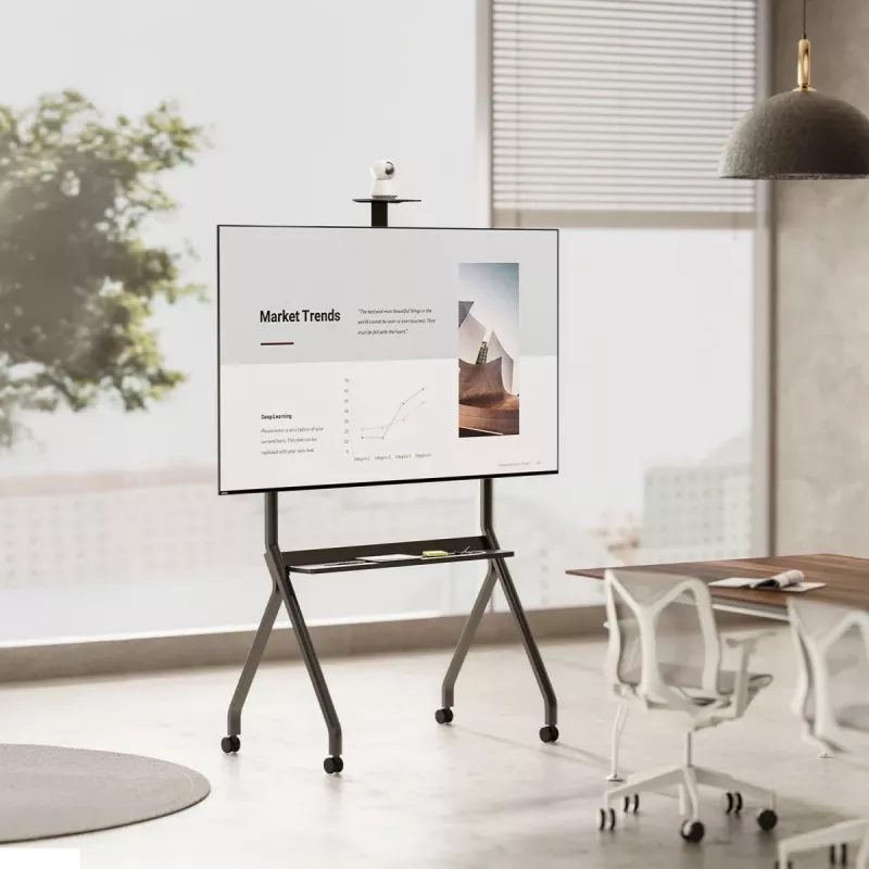TV stovas MACLEAN MC-114 B nešiojamas grindų stovas 55–100 colių ekranams, maks. apkrova 120 kg, VESA 200x200–900x600, aukštis 115–152 cm, juodas, lentyna